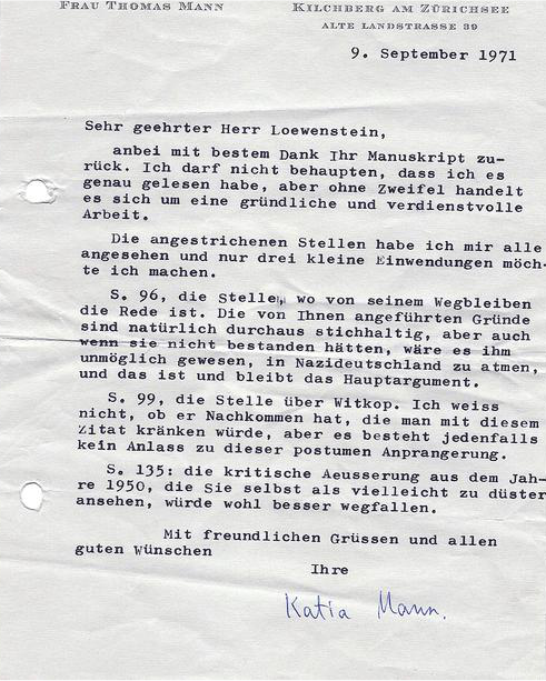 Typed letter on the printed letterhead of Frau Thomas Mann, Kilchberg am Zürichsee, Alte Landstrasse 39, dated 9 September 1971, addressed to Herr Loewenstein and signed Katia Mann in ink. Two punched holes are visible in the left margin.